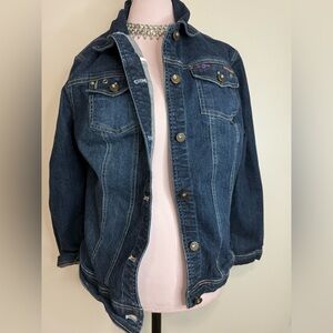 Christopher & Banks Dark Blue Jean button up jacket with embroidery size XL (X)